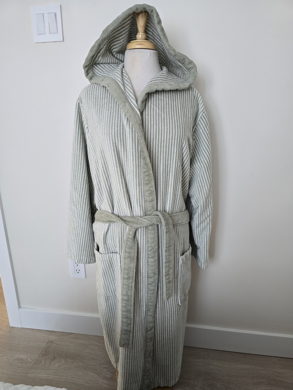 Hooded Terry Bath Robe in Sage Stripe - Women Men Size L
